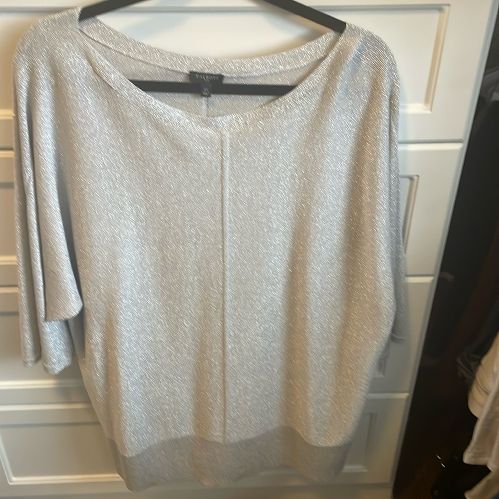 Silver shimmery sweater with 3/4 sleeves.